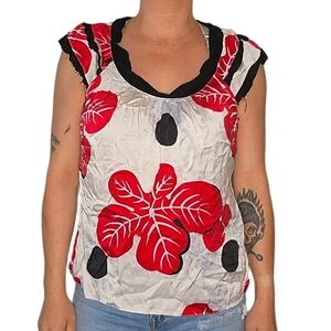 Parameter Silk Red White Floral Blouse Size Large Side Zip